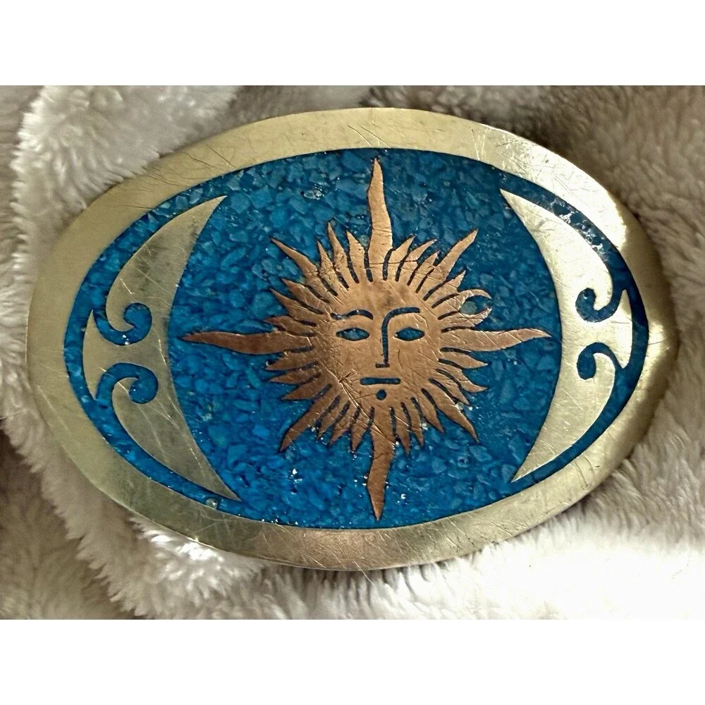 Alpaca Silver Oval Brass Aztec Celestial Sun Belt Buckle Crushed Turquoise Mex